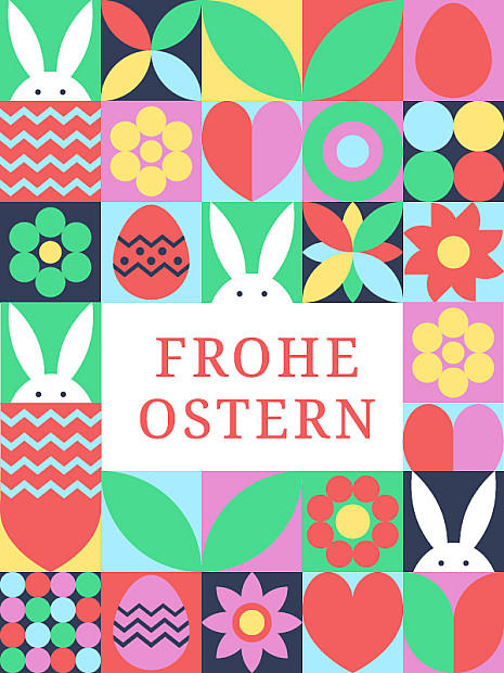 Oster-Gutscheinmotiv mit farbenfrohen Osterdetails.