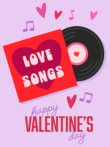 Illustration mit einer Schallplatte und einem roten Albumcover mit Herz und dem Text „Love Songs“, umgeben von kleinen Herzen und Musiknoten sowie dem Schriftzug „Happy Valentine’s Day“.