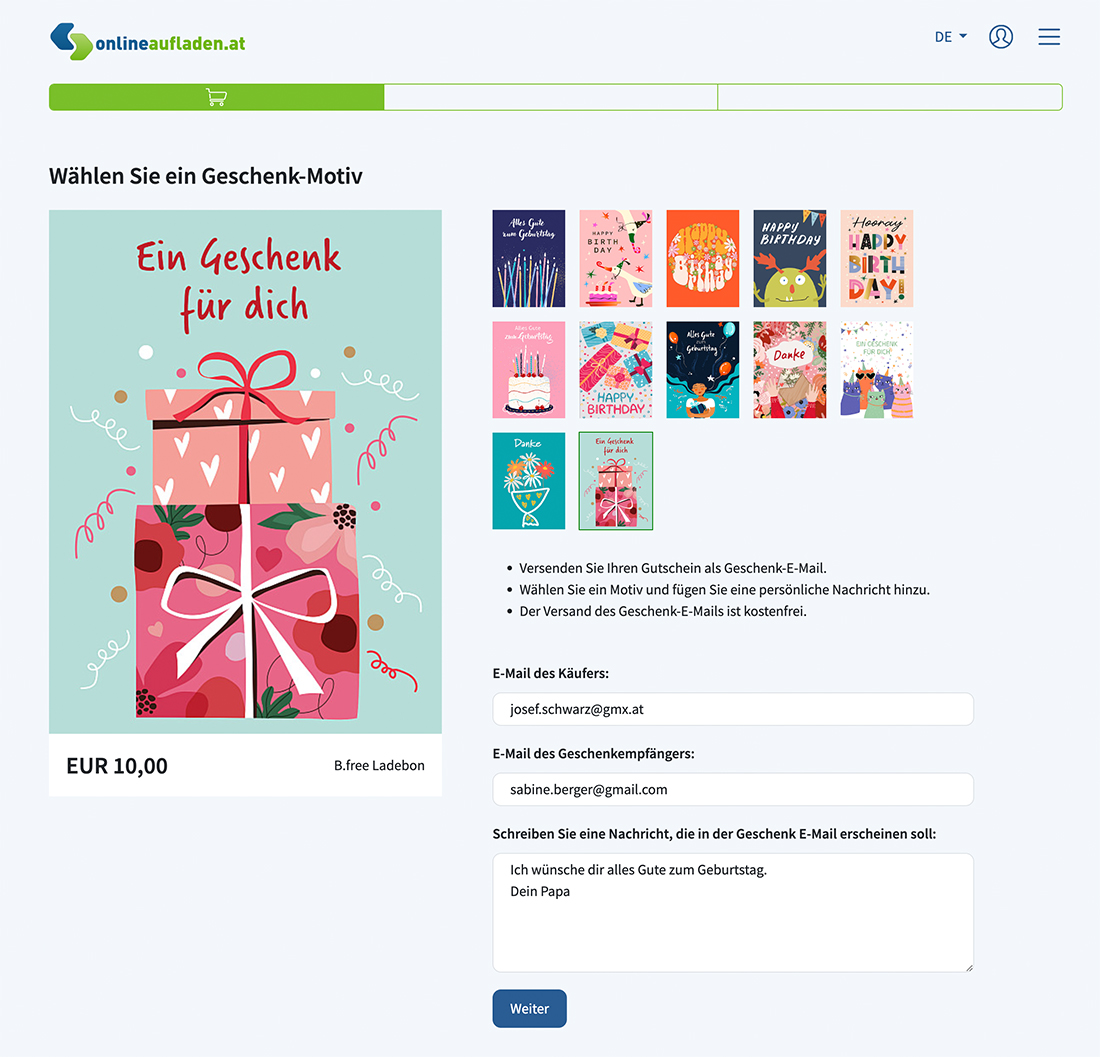 Ansicht der Motivauswahl und des Formulars für Email und Nachricht